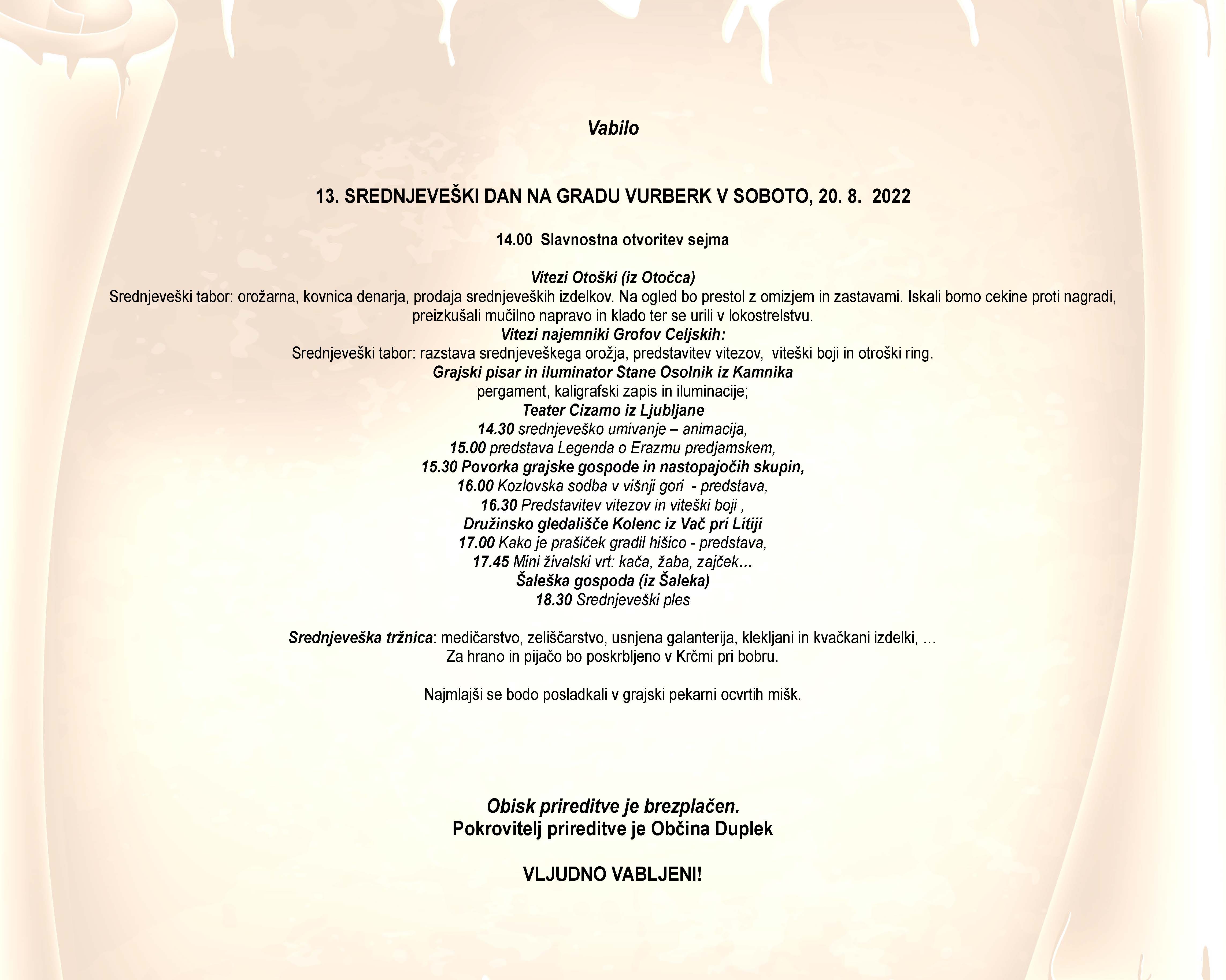 Program 13. srednejveški dan na gradu Vurberk 20. 8. 2022 vabilo